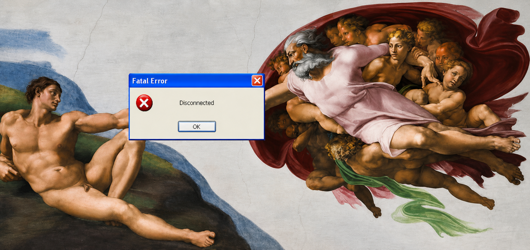 Classical creation scene interrupted by a fatal error dialog