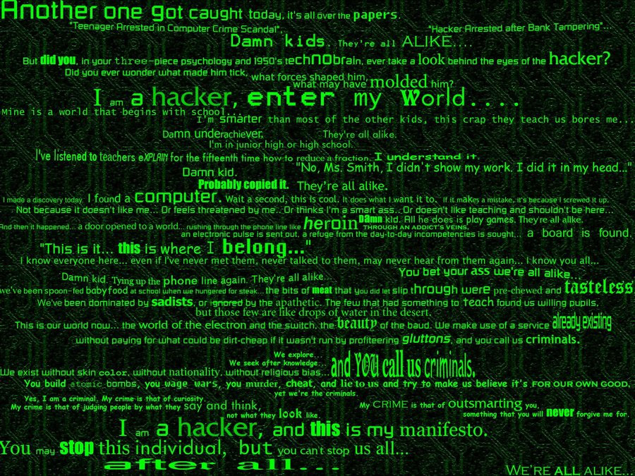 Green hacker manifesto text collage
