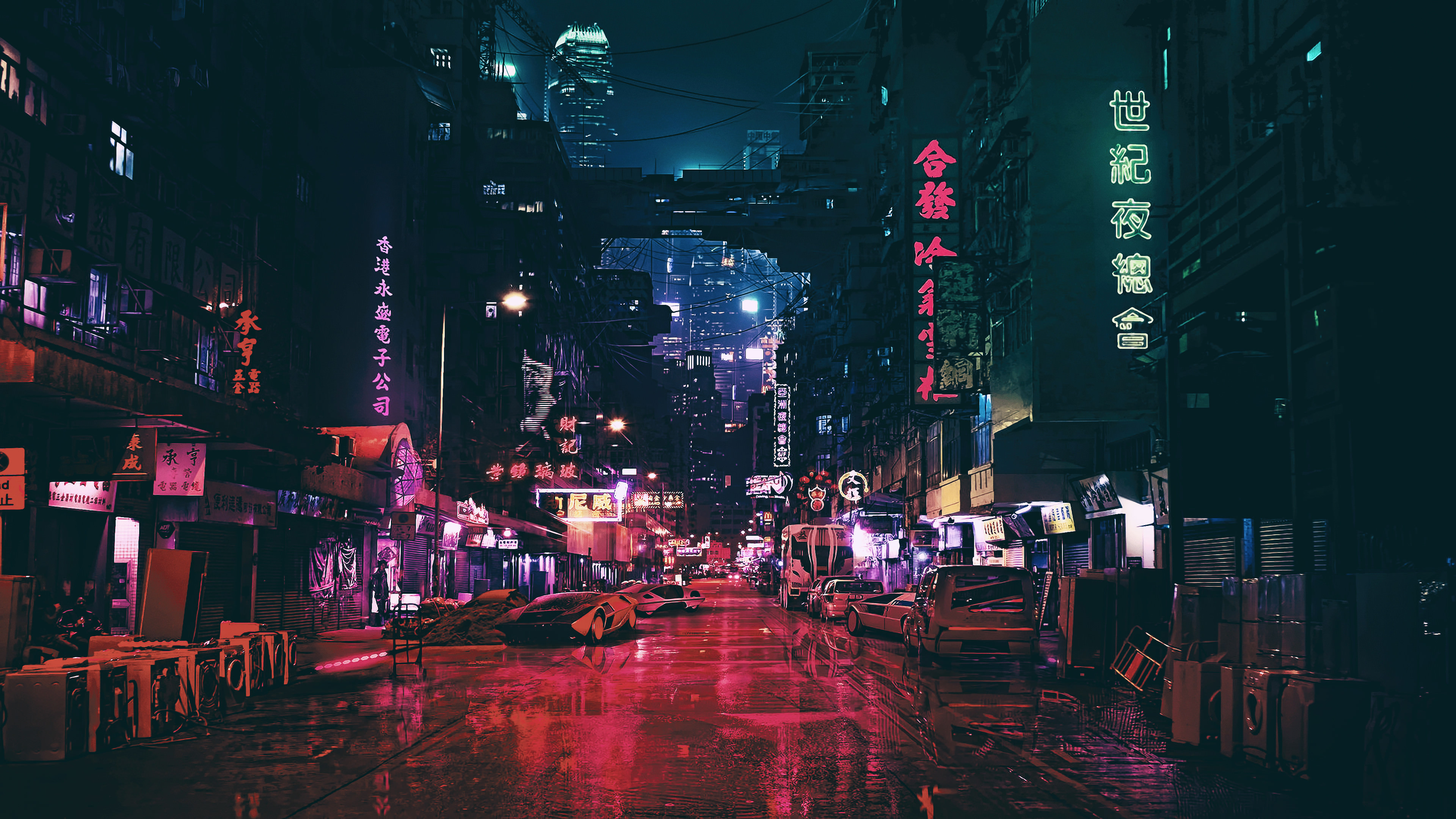 Neon-lit city street at night