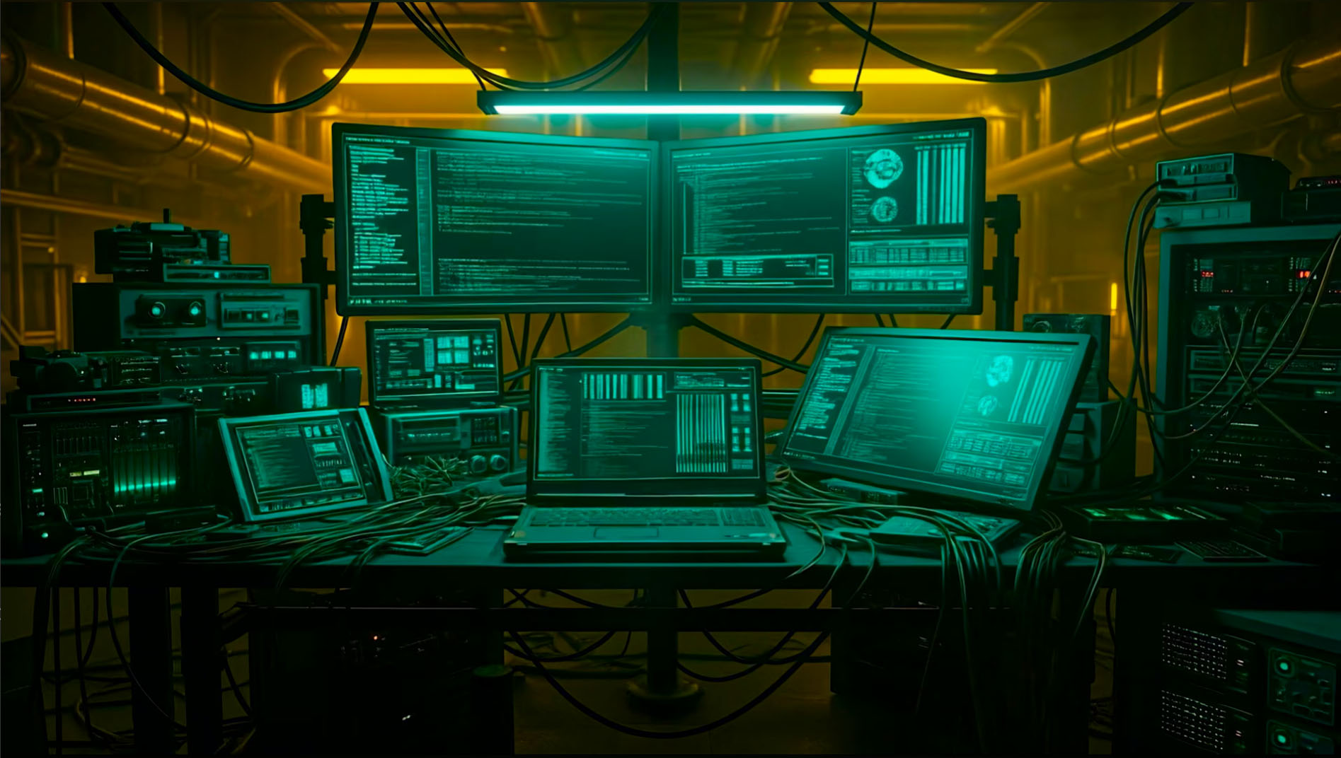 Underground hacking lab with glowing monitors