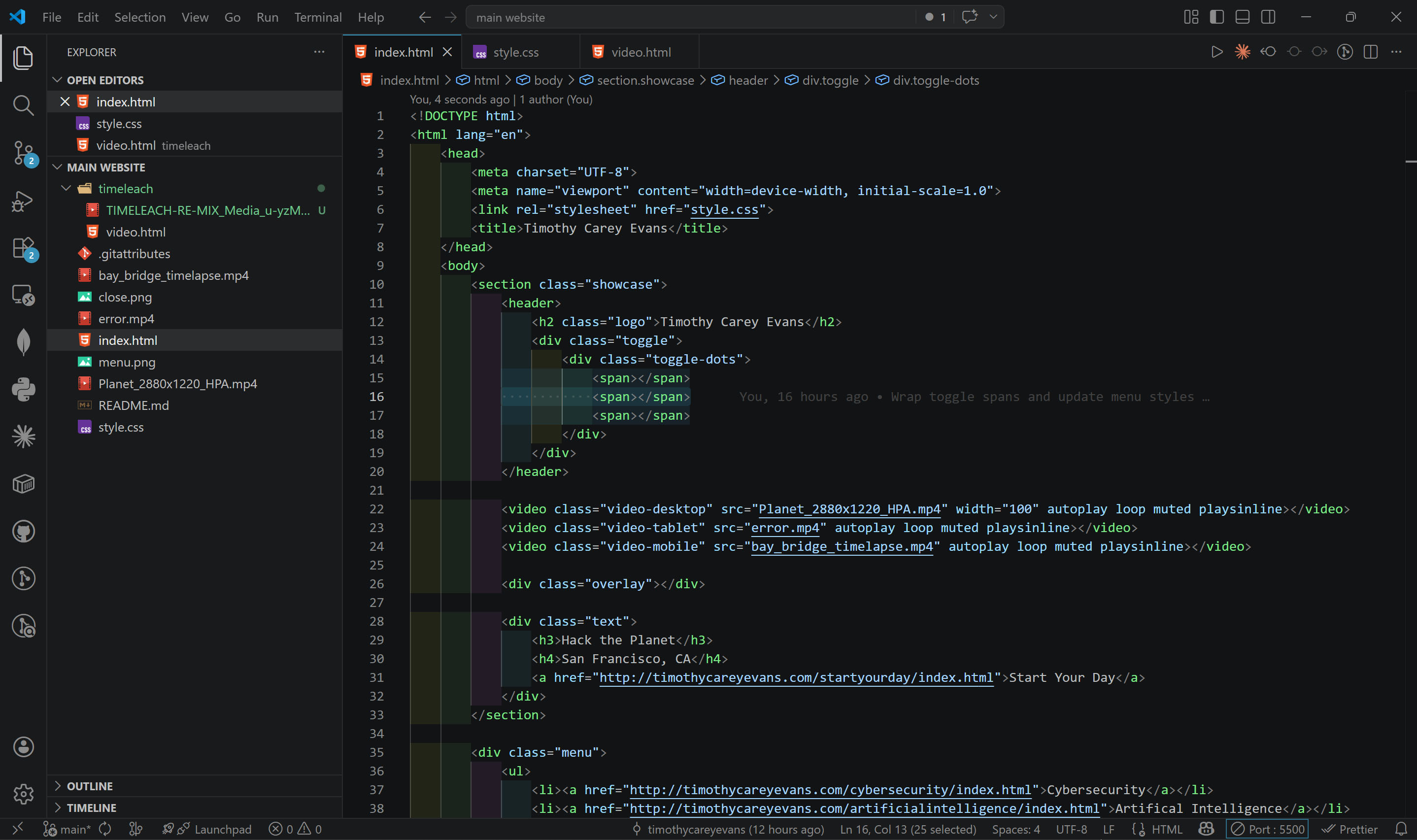 Visual Studio Code editing a landing page