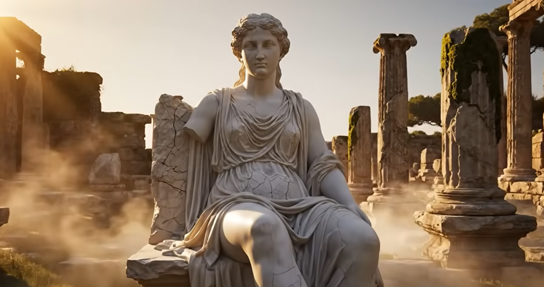 Classical statue among ruins